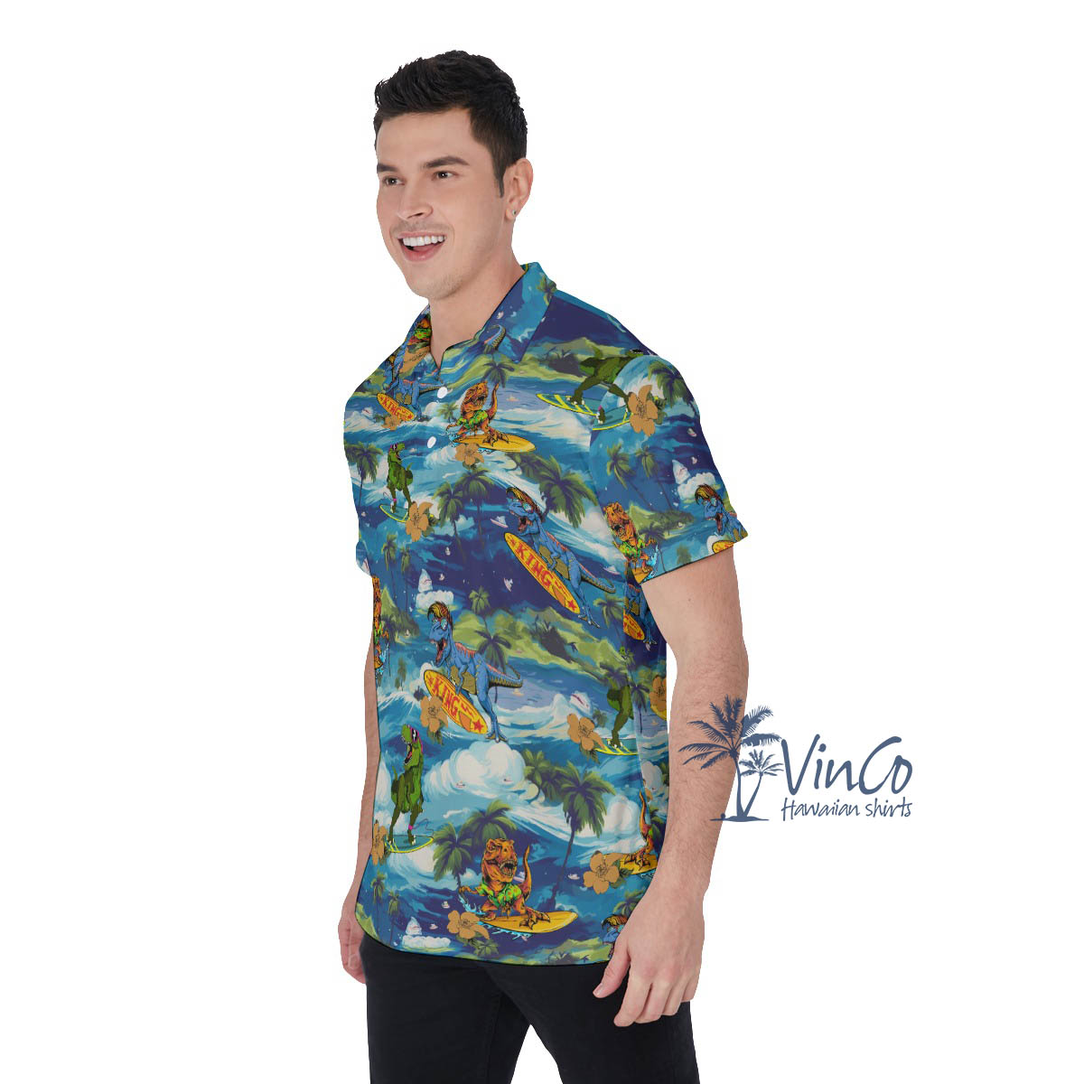 Tropical Dinosaur Surfing Hawaiian Polo Shirt For Men