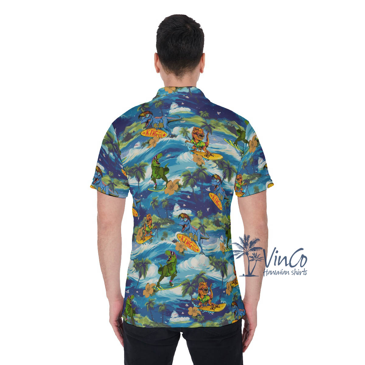 Tropical Dinosaur Surfing Hawaiian Polo Shirt For Men
