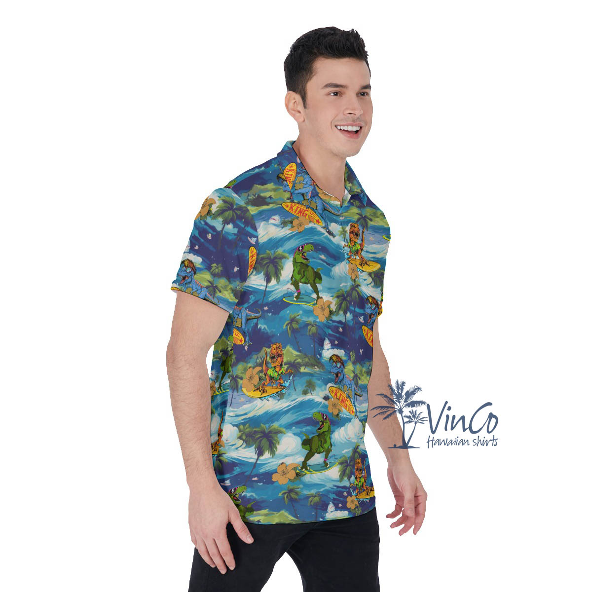 Tropical Dinosaur Surfing Hawaiian Polo Shirt For Men