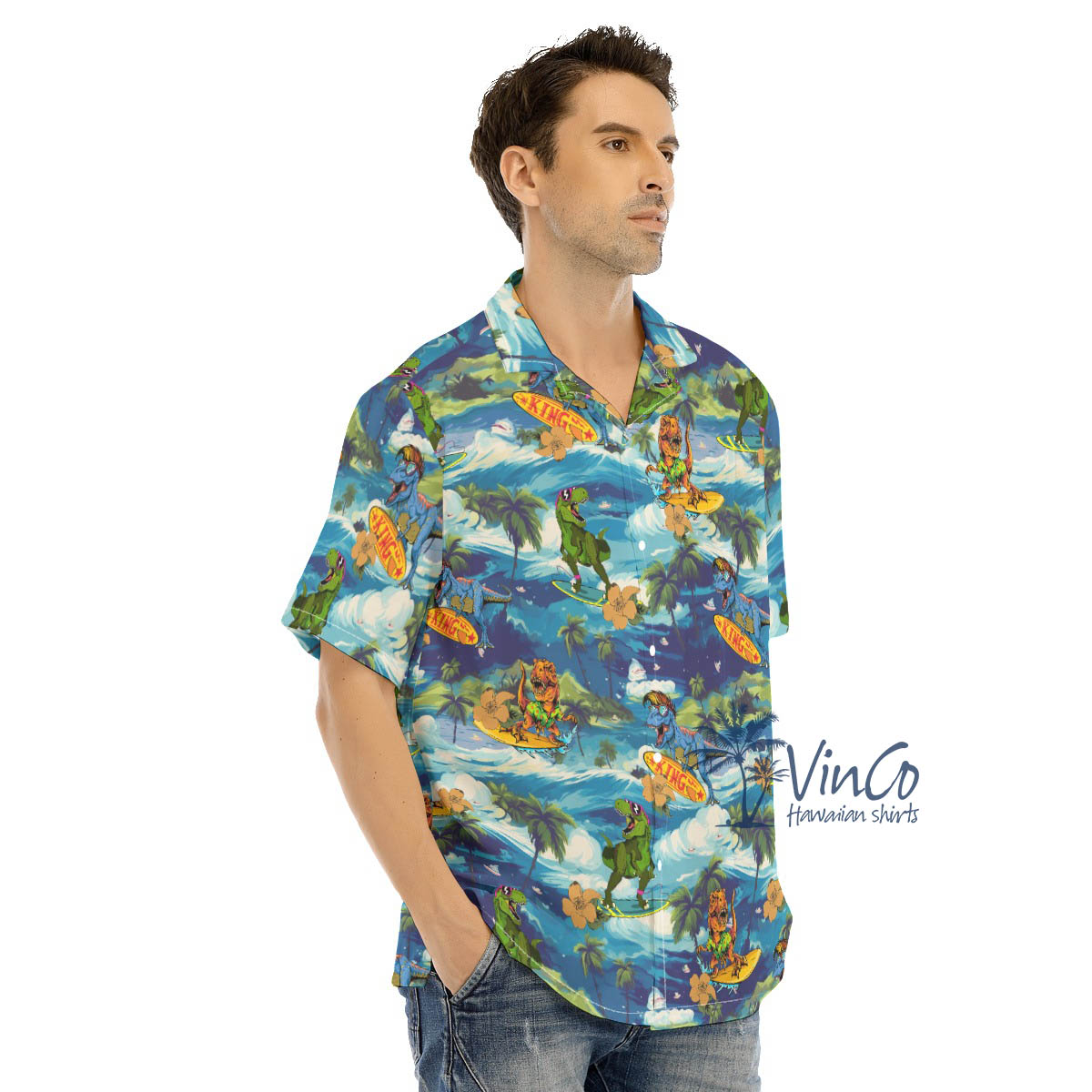 Funny Dinosaur Surfing Tropical Hawaiian Shirt