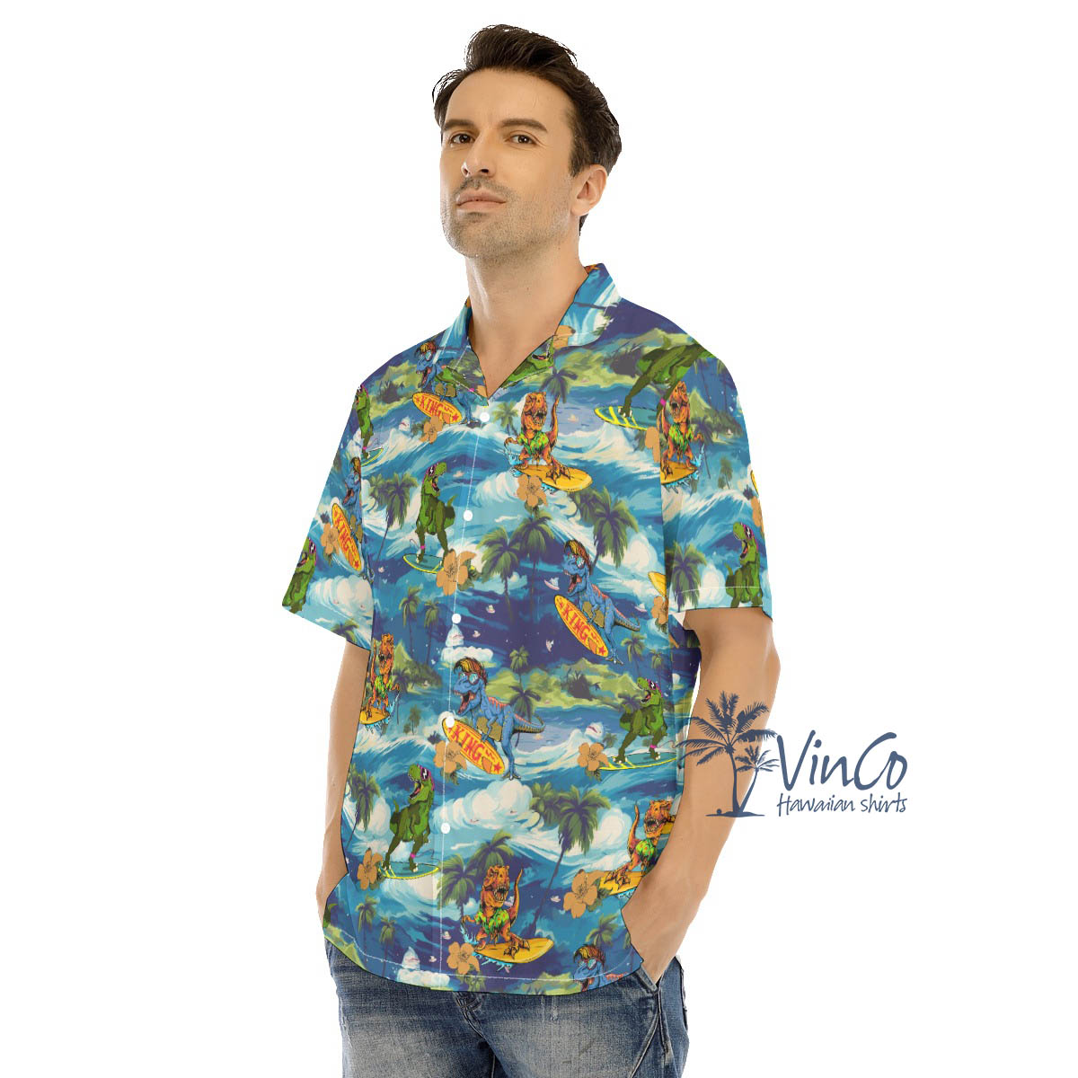 Funny Dinosaur Surfing Tropical Hawaiian Shirt