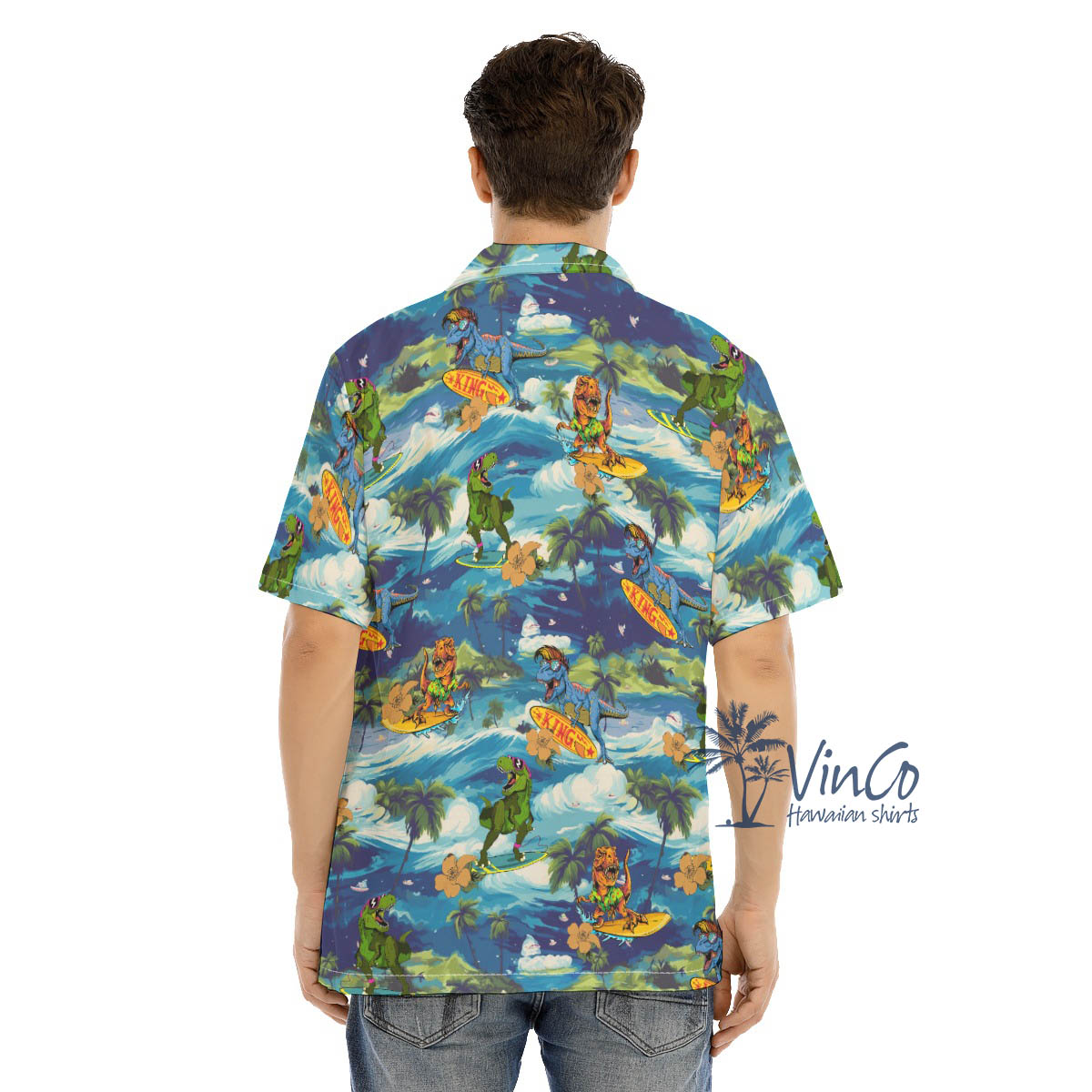 Funny Dinosaur Surfing Tropical Hawaiian Shirt