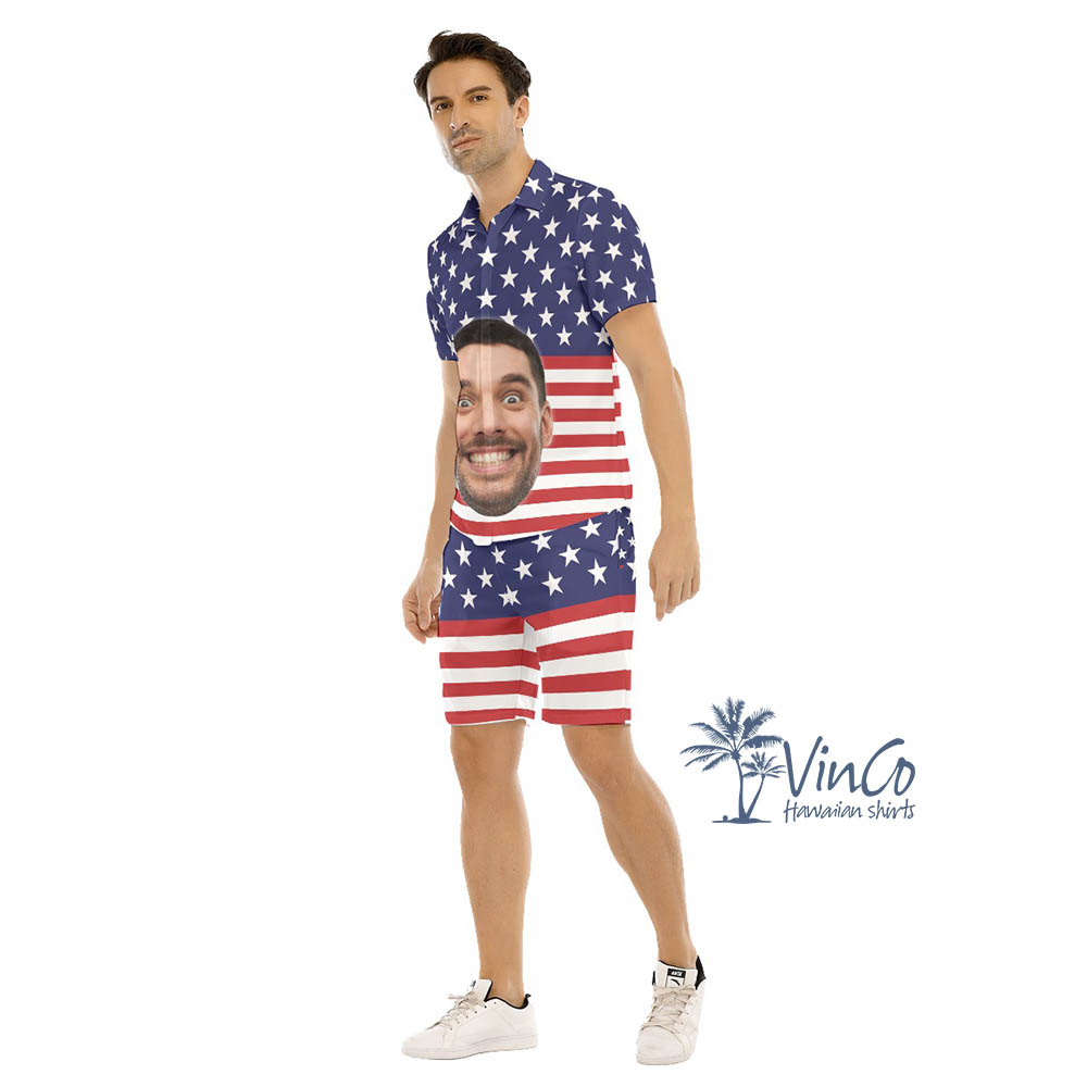 Custom American Flag Hawaiian Shirts Set With Faces For Men