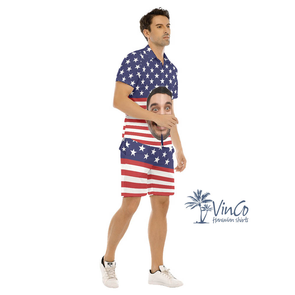 Custom American Flag Hawaiian Shirts Set With Faces For Men