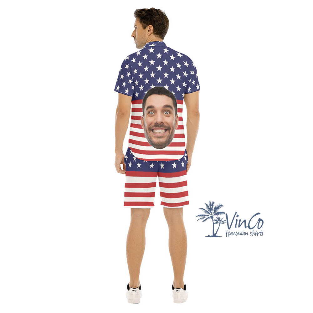 Custom American Flag Hawaiian Shirts Set With Faces For Men