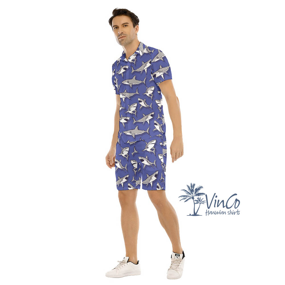 Funny Shark Purple Hawaiian Shirt Set For Men