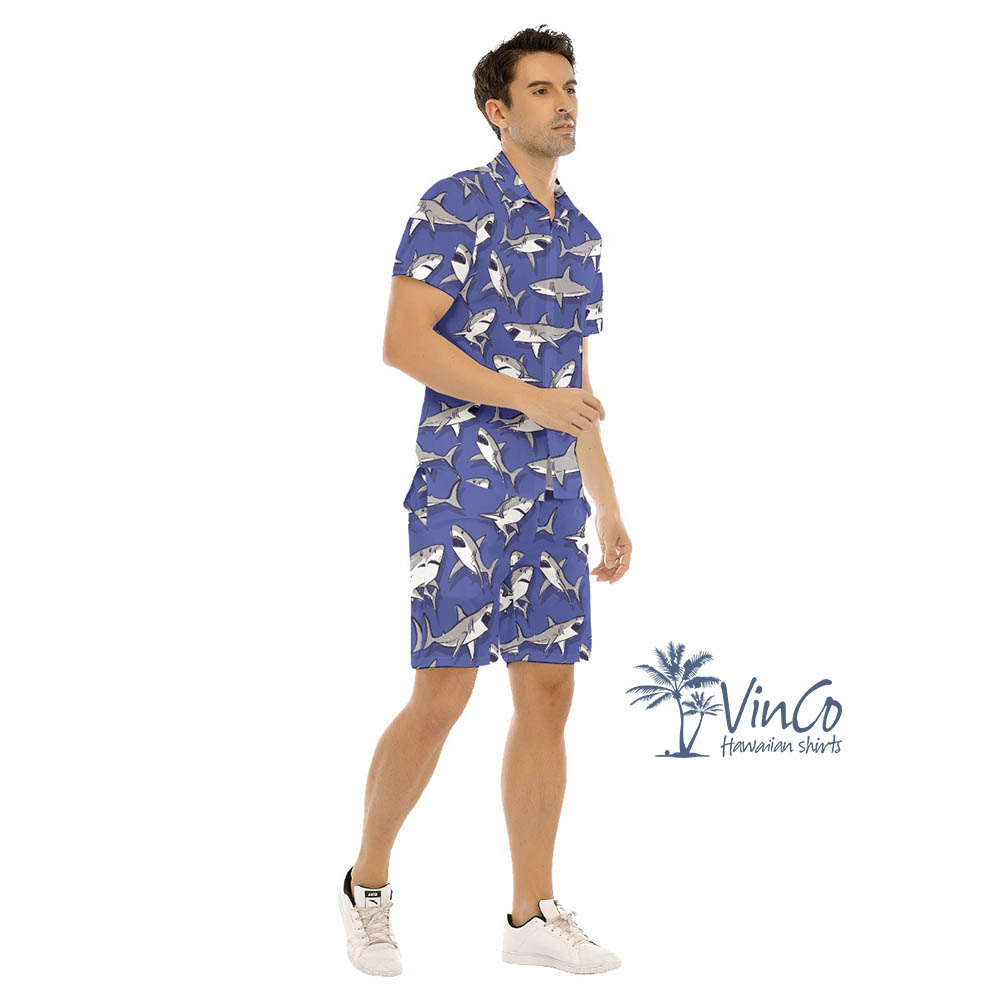 Funny Shark Purple Hawaiian Shirt Set For Men