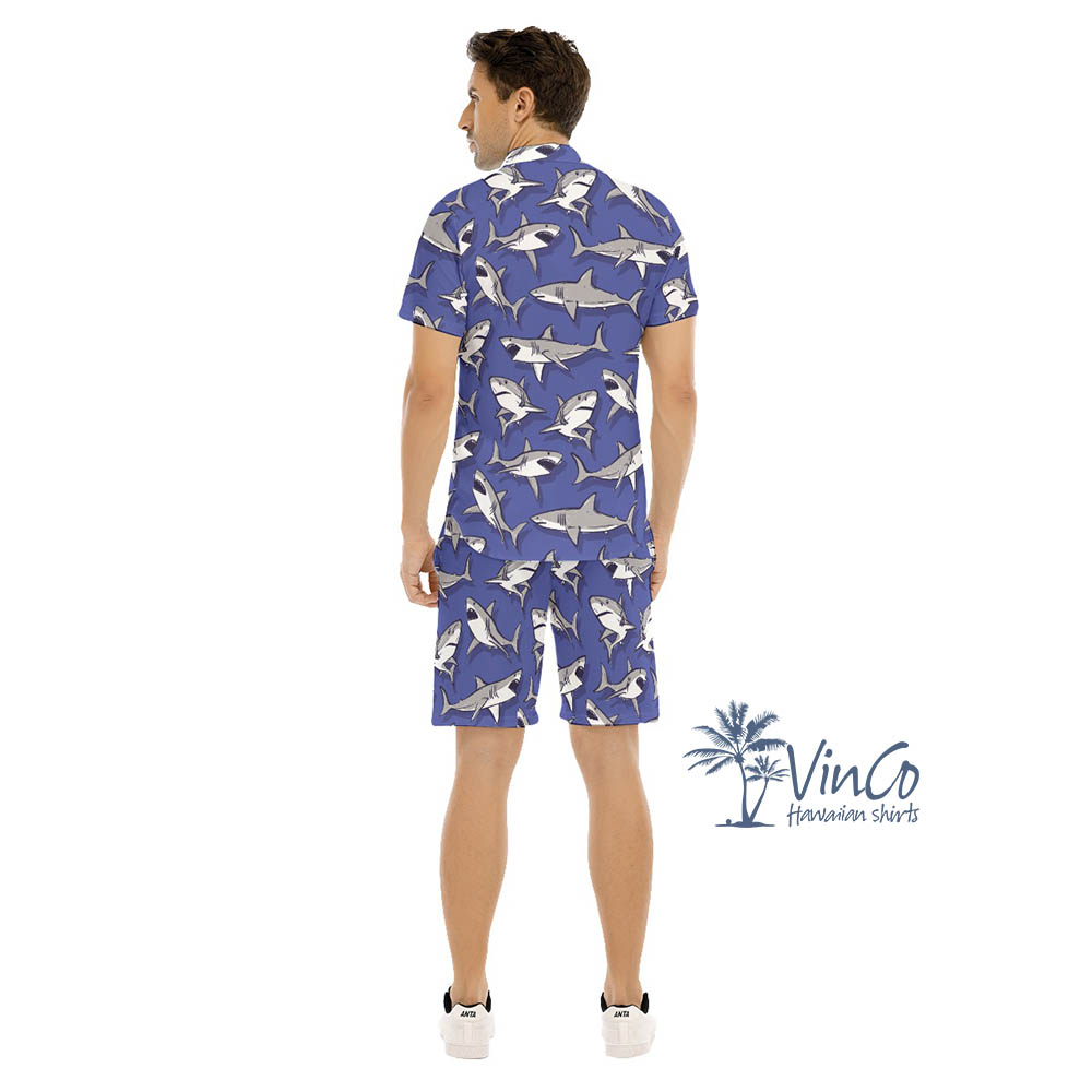 Funny Shark Purple Hawaiian Shirt Set For Men