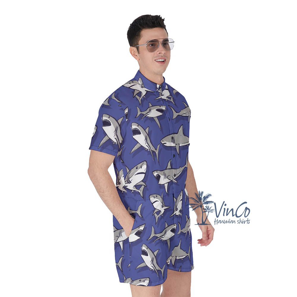 Men's Shark Print Romper For Summer