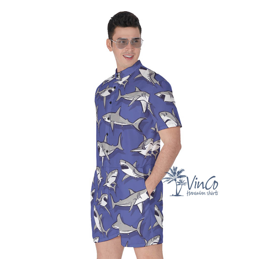 Men's Shark Print Romper For Summer