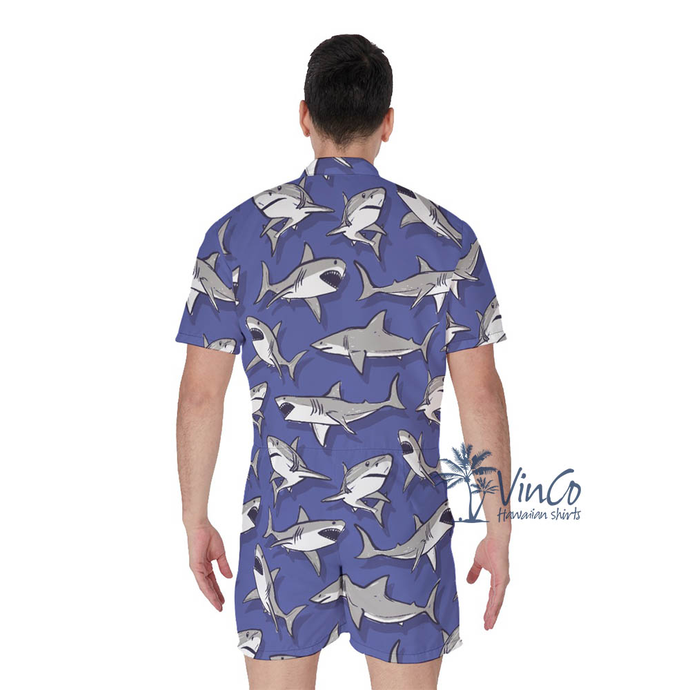 Men's Shark Print Romper For Summer