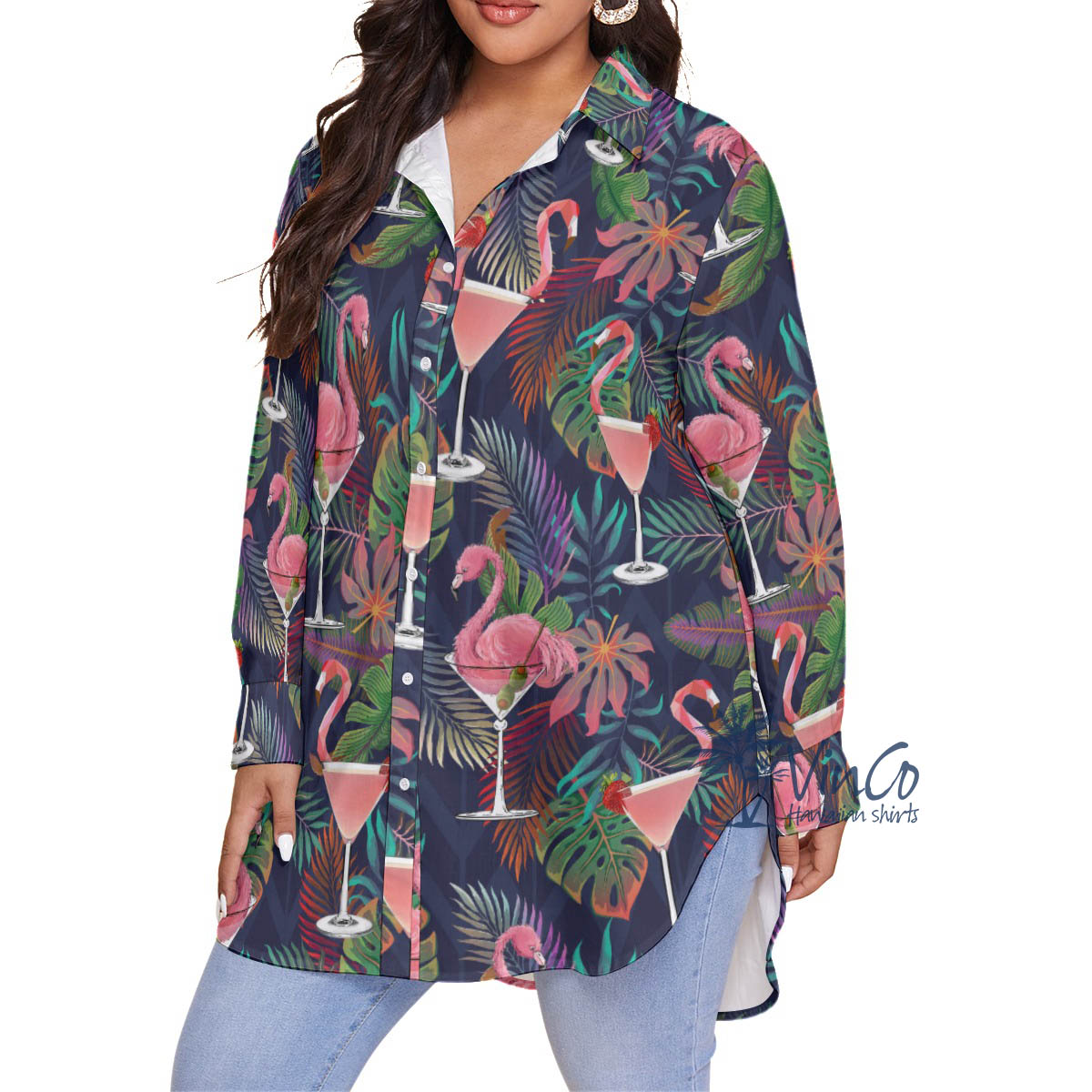 Funny Cocktails Flamingo Tropical Hawaiian Plus Size Shirt For Women