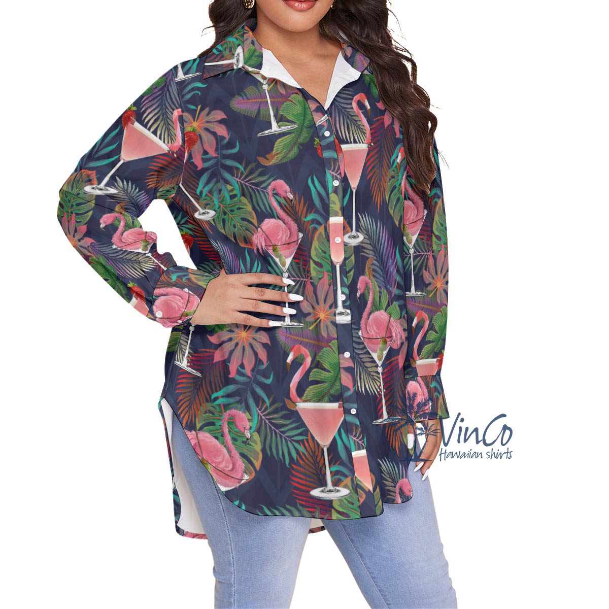 Funny Cocktails Flamingo Tropical Hawaiian Plus Size Shirt For Women