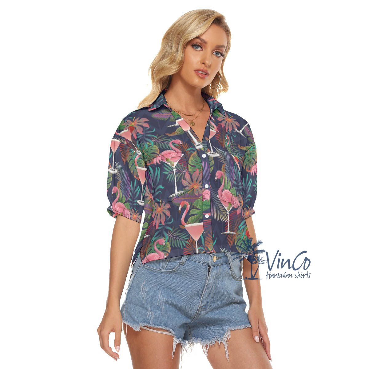 Tropical Pink Flamingo Cocktails Hawaiian Crop Top Shirt For Women