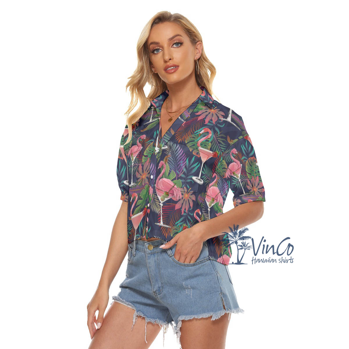 Tropical Pink Flamingo Cocktails Hawaiian Crop Top Shirt For Women