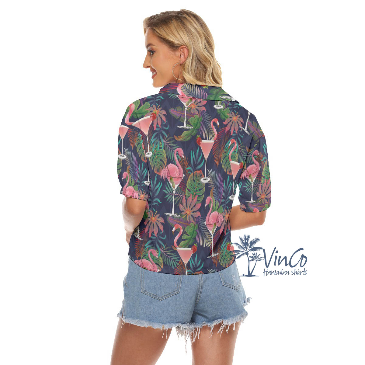 Tropical Pink Flamingo Cocktails Hawaiian Crop Top Shirt For Women