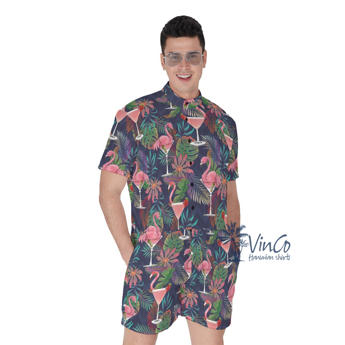 Funny Cocktails Flamingo Tropical Men's Hawaiian Romper - variant image 1