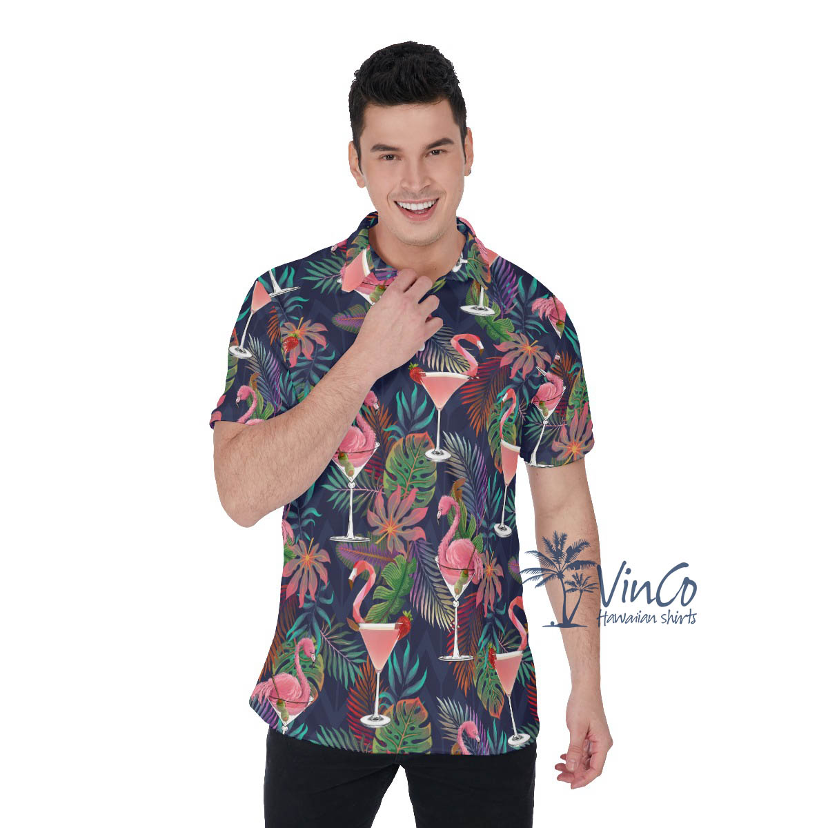 Funny Flamingo Cocktails Tropical Hawaiian Polo Shirt - variant image 1