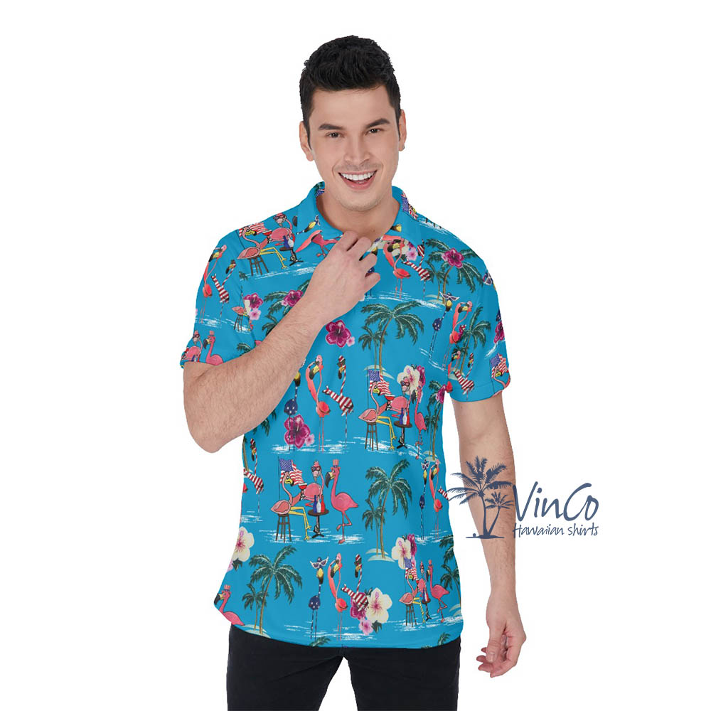 Patriotic Flamingos Hawaiian Polo Shirt For Men - variant image 1