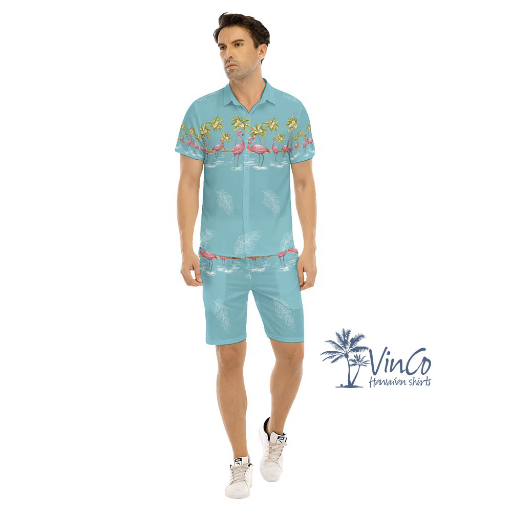 Blue Vintage Flamingo Aloha Shirt Shorts For Men - variant image 1