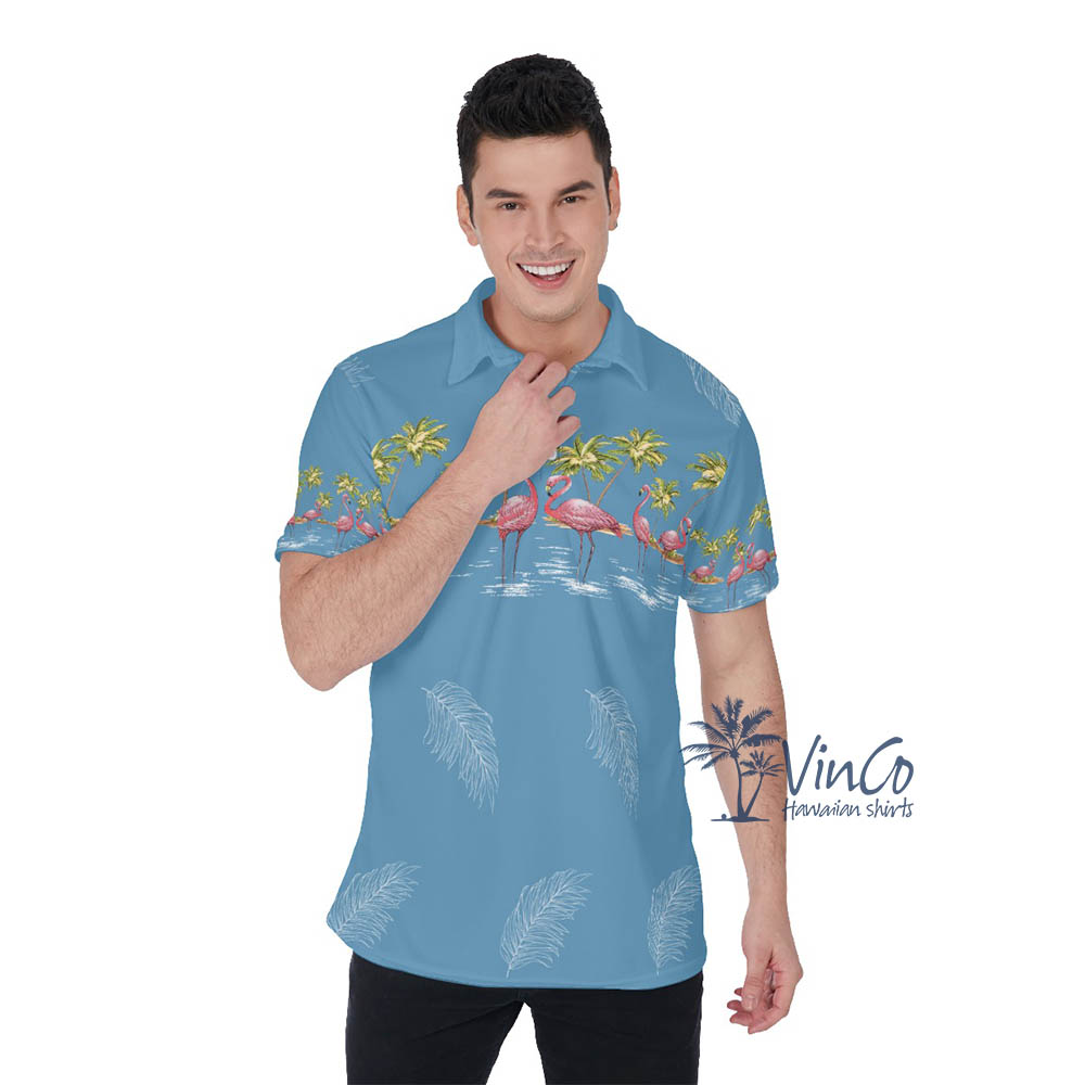 Blue Vintage Flamingo Hawaiian Polo Shirt For Men - variant image 1