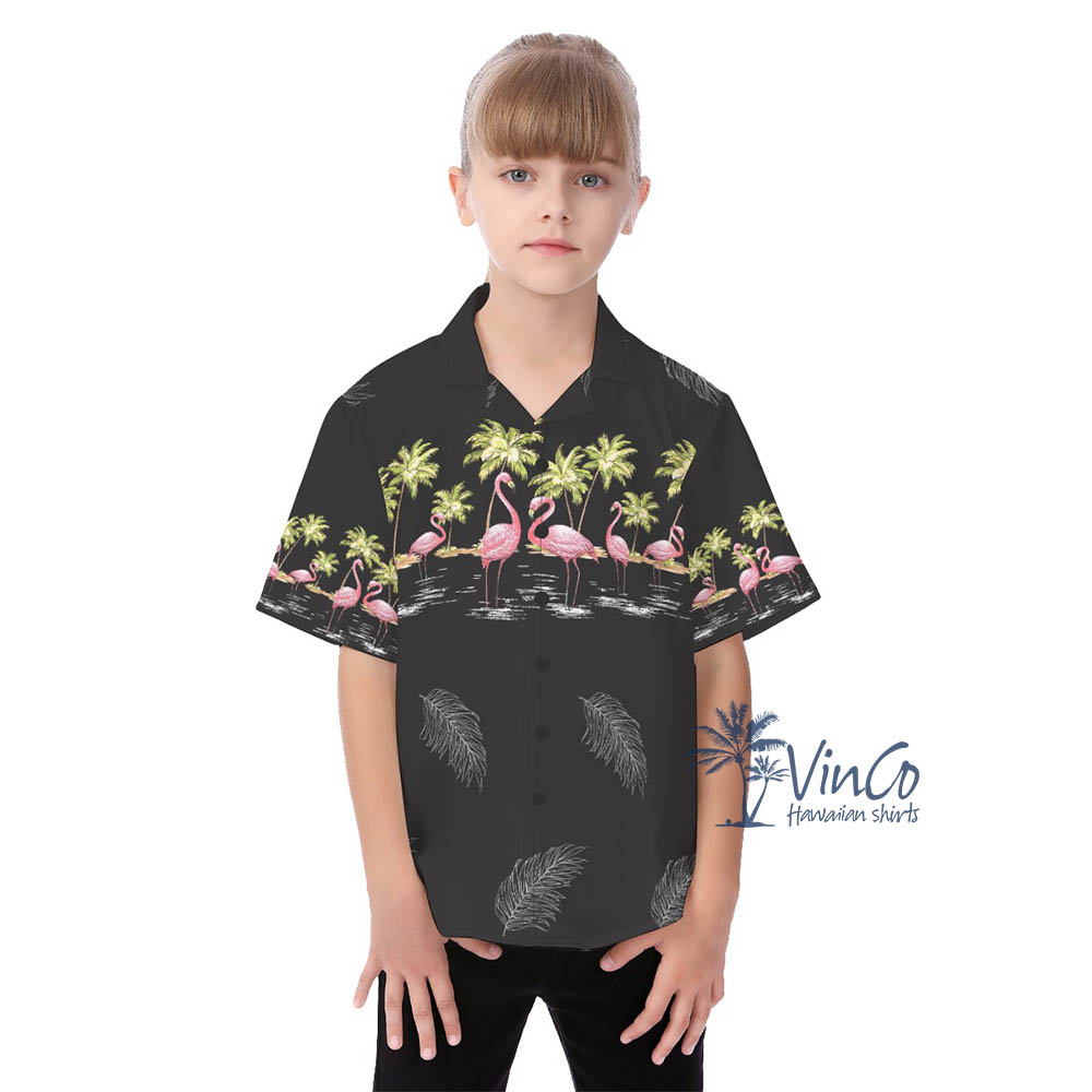 Black Flamingo Hawaiian Button Shirt For Kids - variant image 1