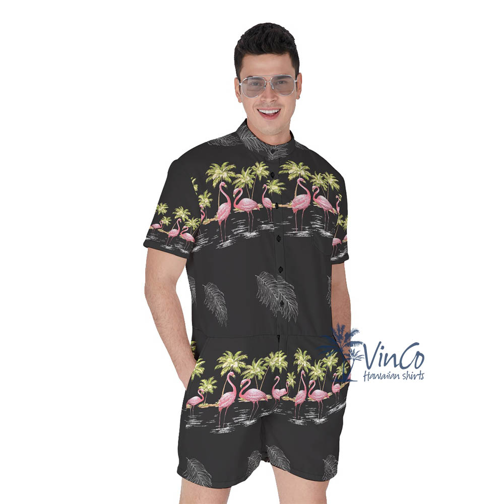 Cool Flamingo Black Hawaiian Romper For Men - variant image 1