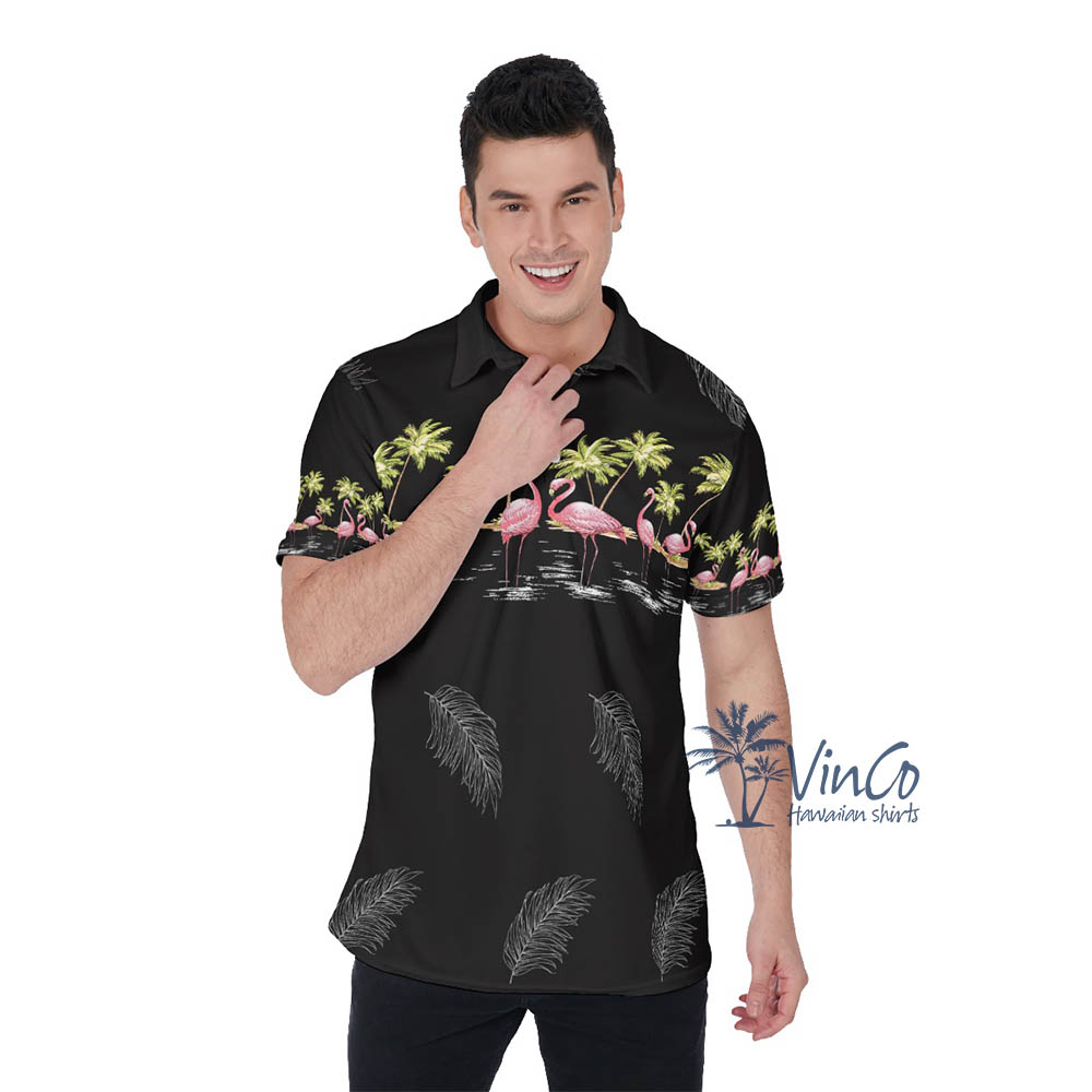 Pink Flamingo Black Hawaiian Polo Shirt For Men - variant image 1