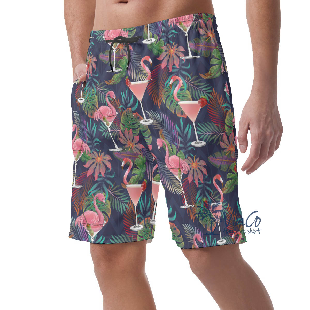 Tropical Pink Flamingo Cocktails Hawaiian Beach Shorts For Men