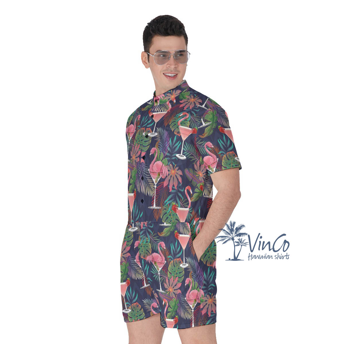 Funny Cocktails Flamingo Tropical Men's Hawaiian Romper