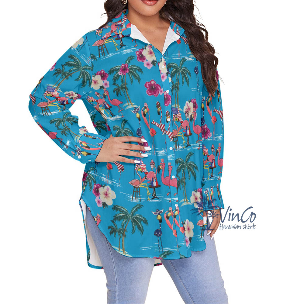 Flamingo Patriotic Oversize Hawaiian Shirt For Women