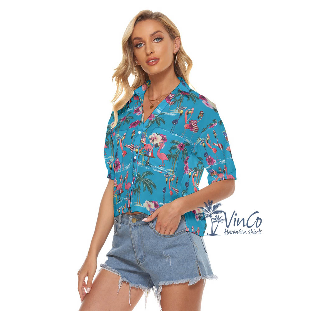 Flamingo 4th Of July Party Hawaiian Cropped Shirt For Women