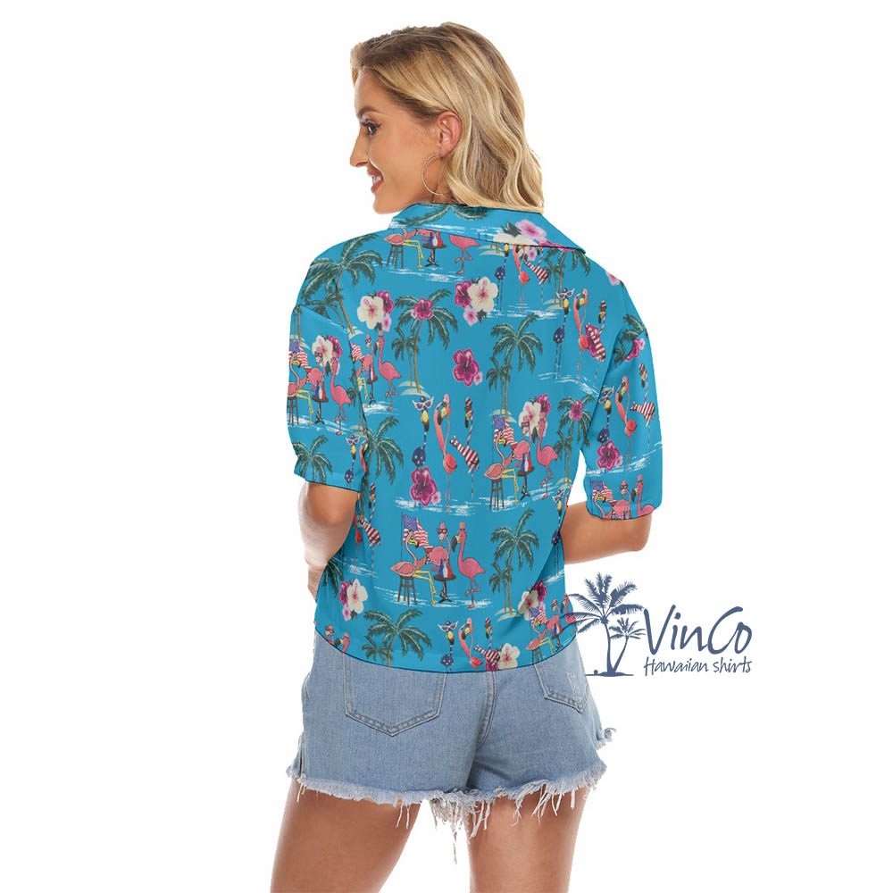 Flamingo 4th Of July Party Hawaiian Cropped Shirt For Women