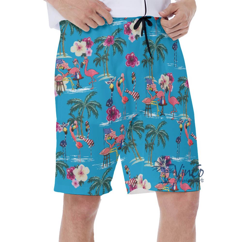 4th Of July Party Flamingo Hawaiian Swim Trunks For Men