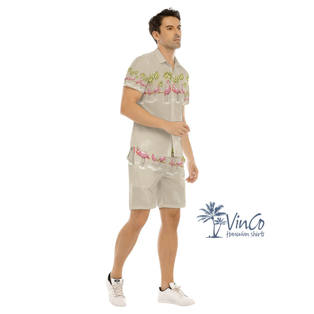 Vintage Flamingo Aloha Outfits Shirt Shorts For Men