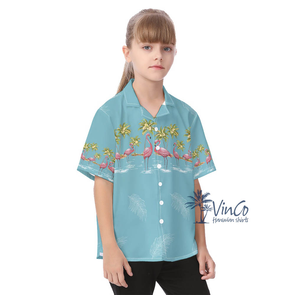 Blue Vintage Flamingo Aloha Shirt For Kids