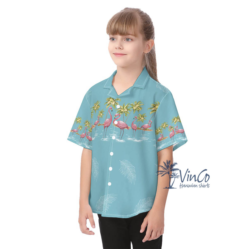 Blue Vintage Flamingo Aloha Shirt For Kids