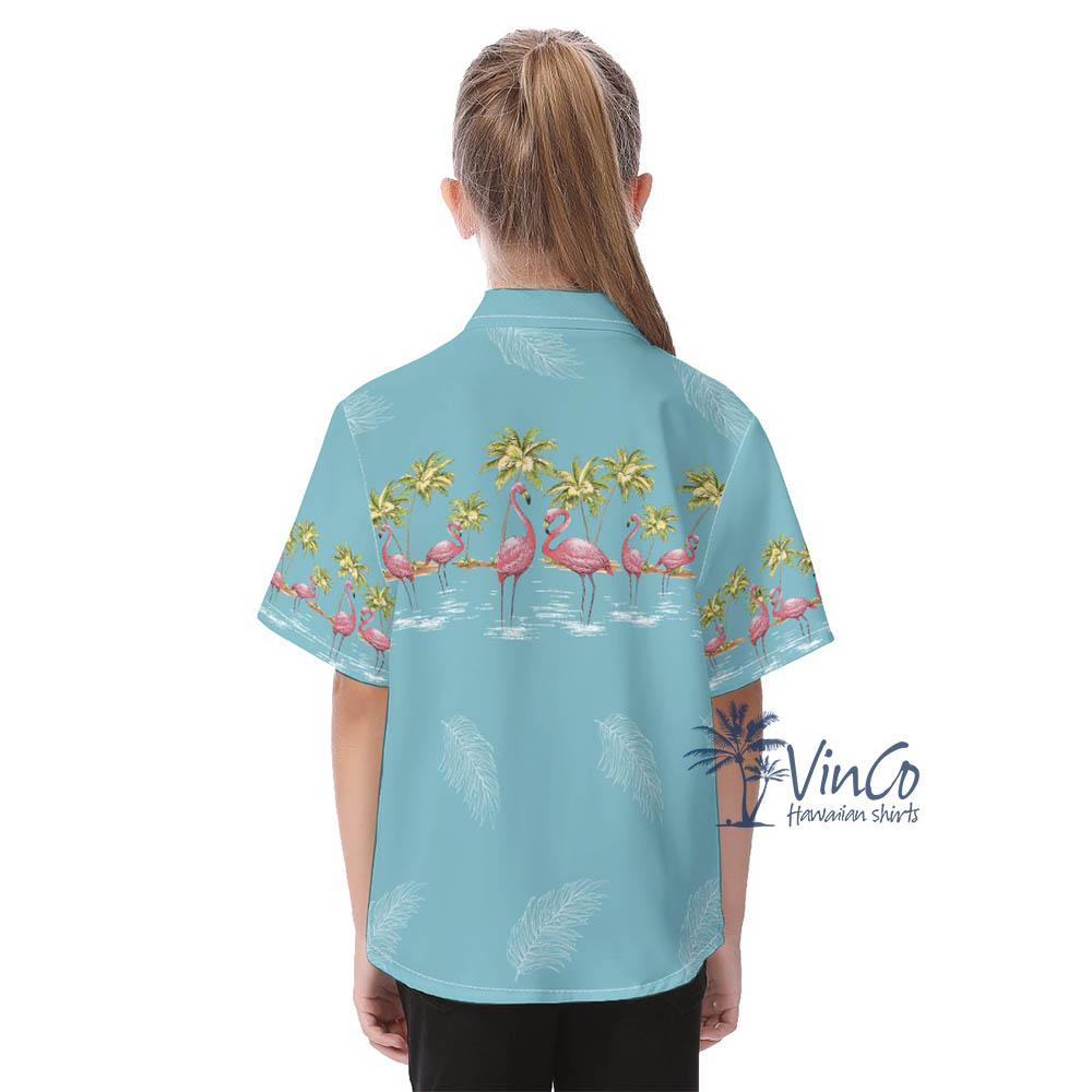 Blue Vintage Flamingo Aloha Shirt For Kids