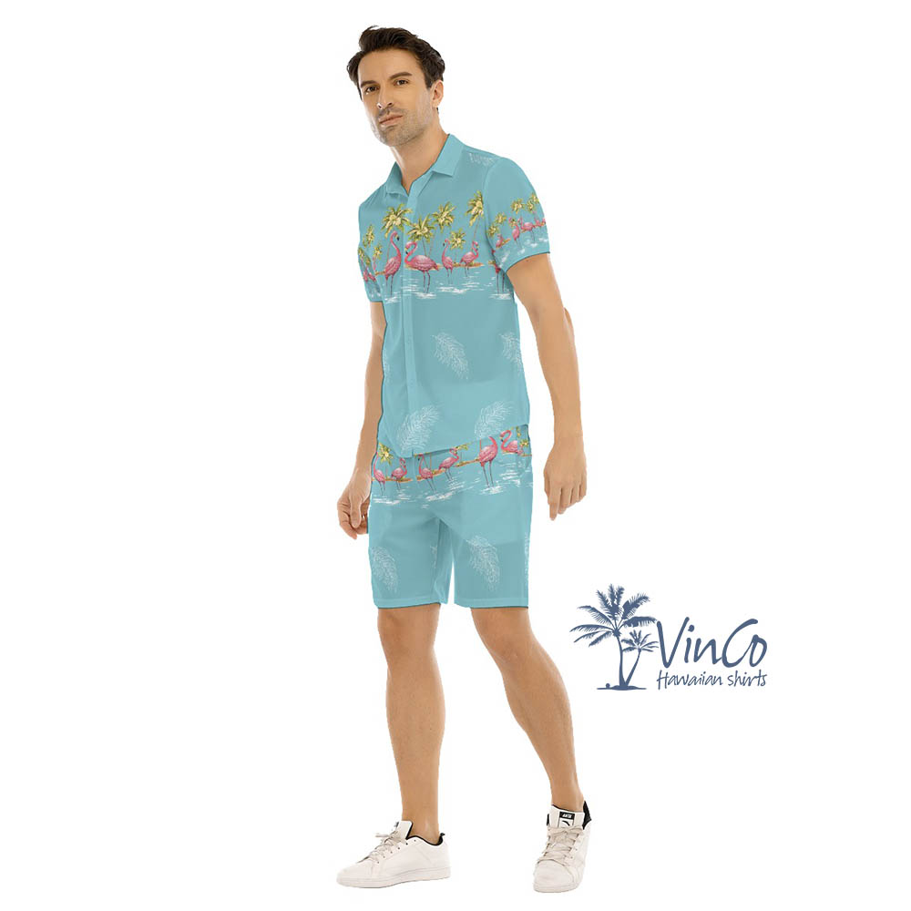 Blue Vintage Flamingo Aloha Shirt Shorts For Men