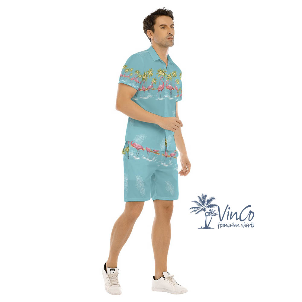 Blue Vintage Flamingo Aloha Shirt Shorts For Men