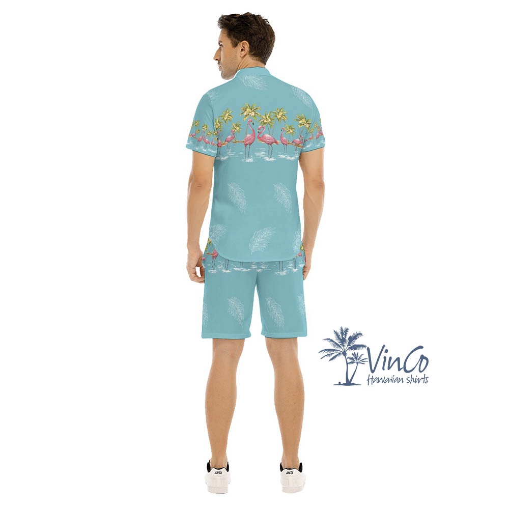 Blue Vintage Flamingo Aloha Shirt Shorts For Men