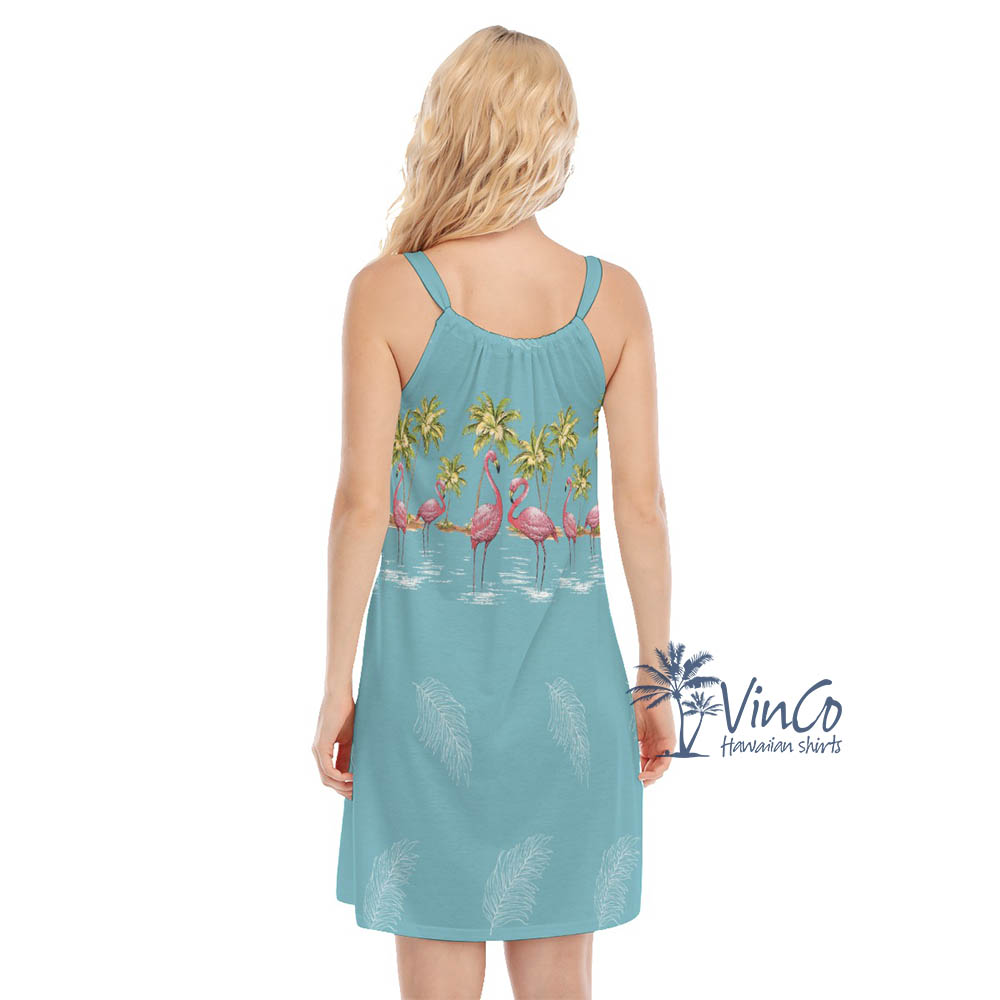Blue Vintage Flamingo Hawaiian Dress For Women