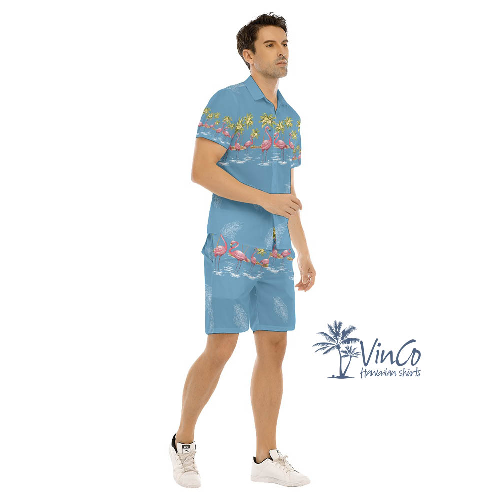 Vintage Pink Flamingo Hawaiian Shirt Set For Men