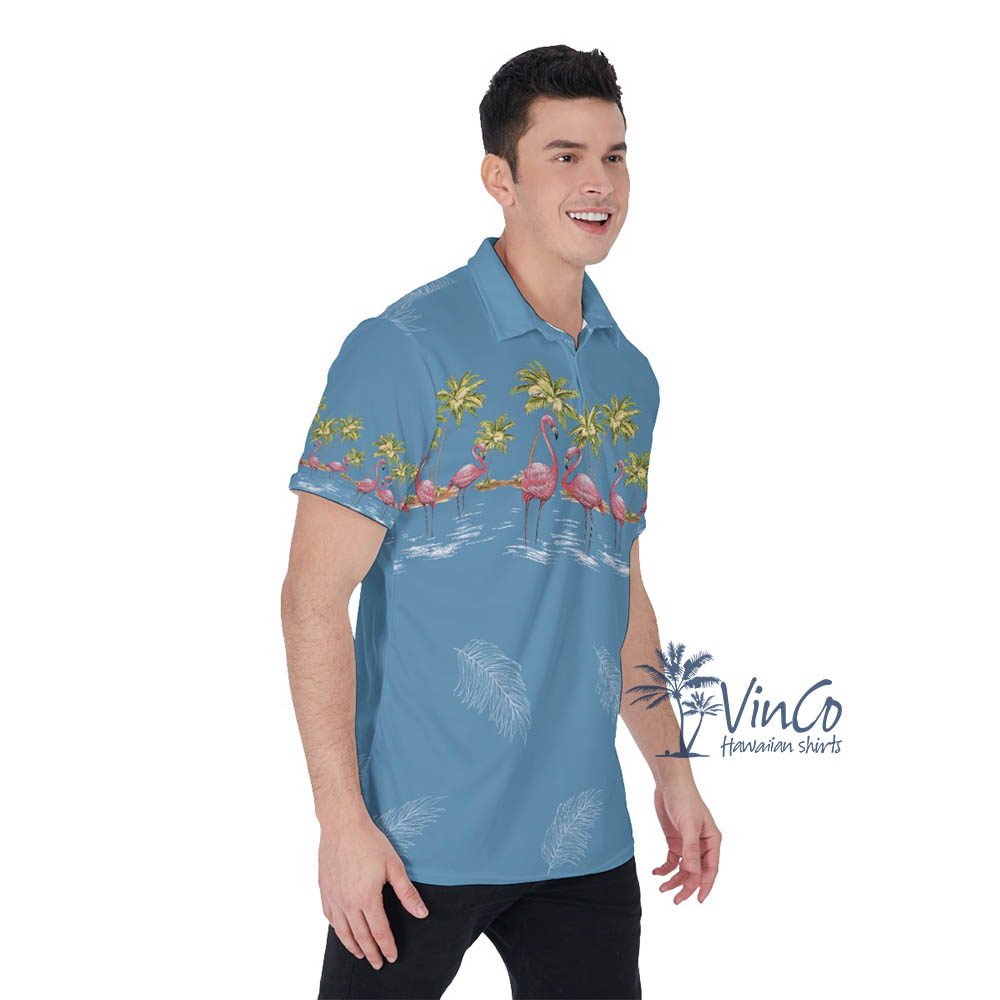 Blue Vintage Flamingo Hawaiian Polo Shirt For Men