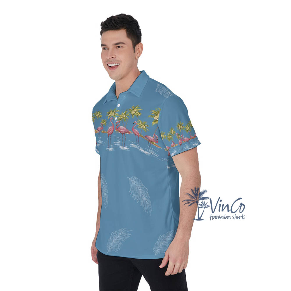 Blue Vintage Flamingo Hawaiian Polo Shirt For Men