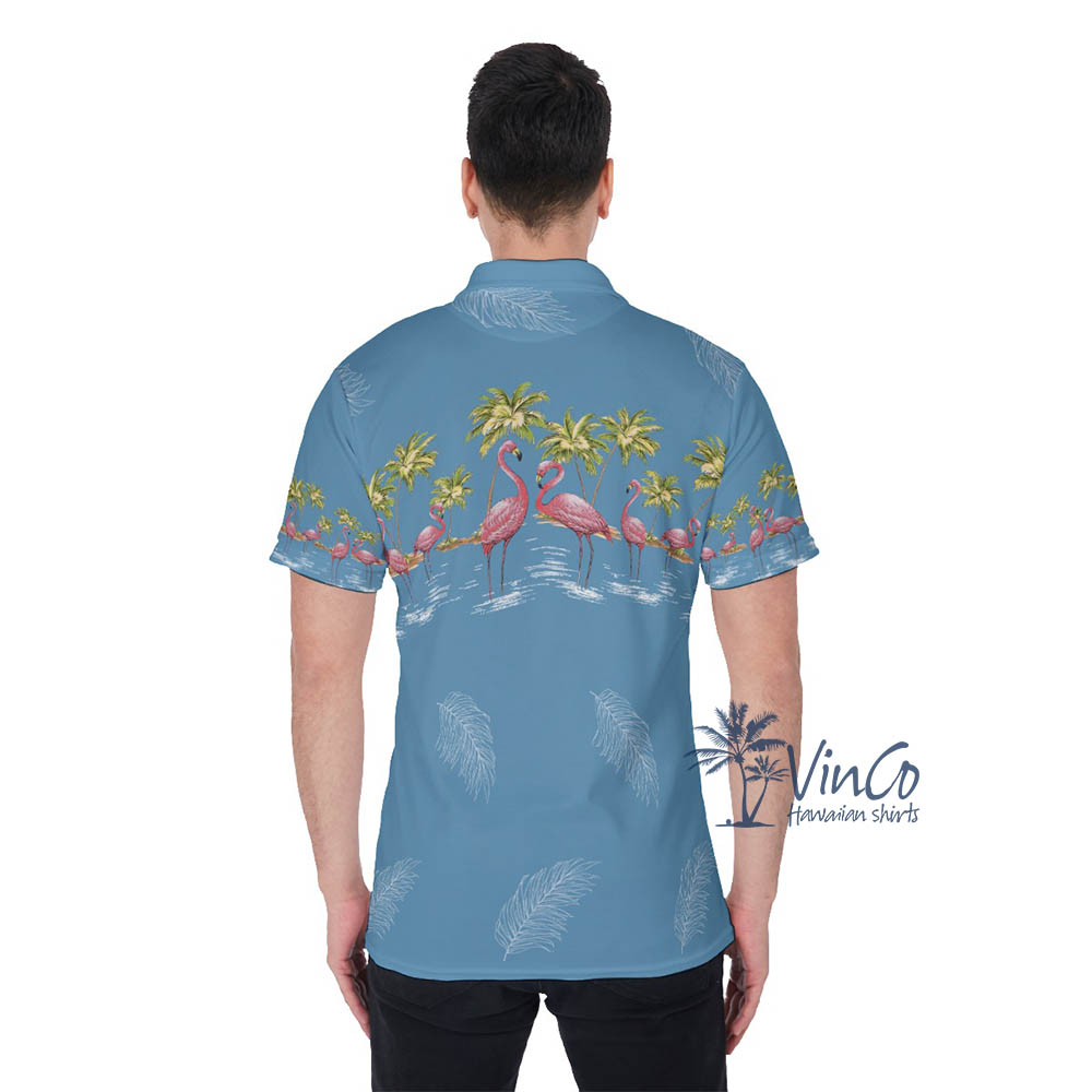 Blue Vintage Flamingo Hawaiian Polo Shirt For Men