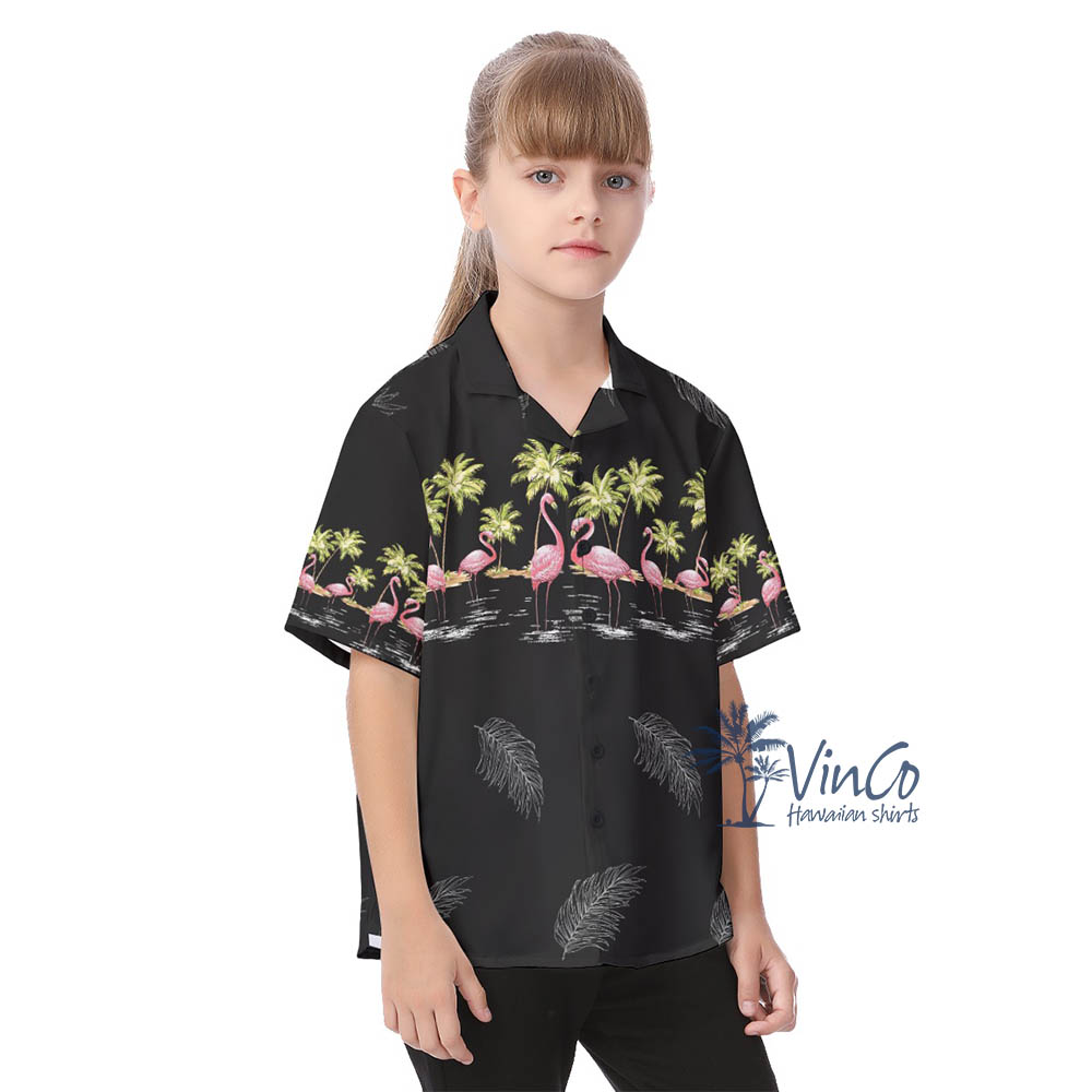 Black Flamingo Hawaiian Button Shirt For Kids