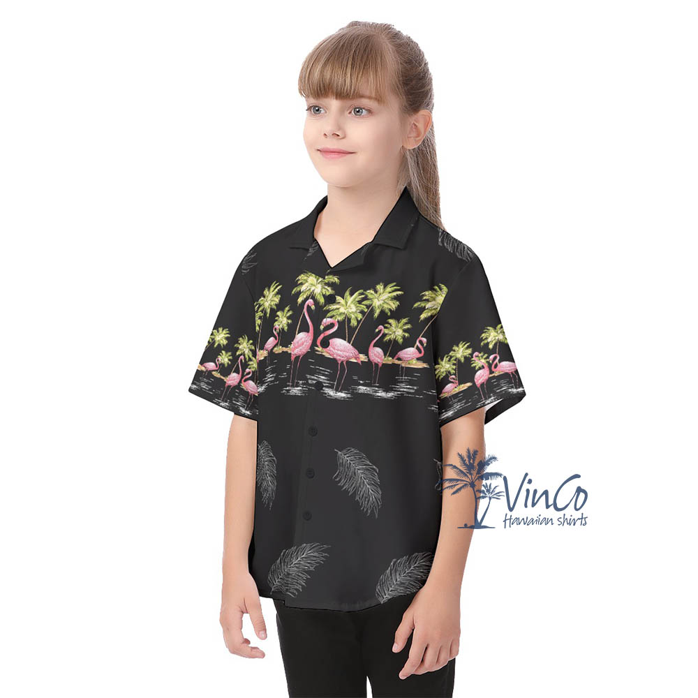 Black Flamingo Hawaiian Button Shirt For Kids