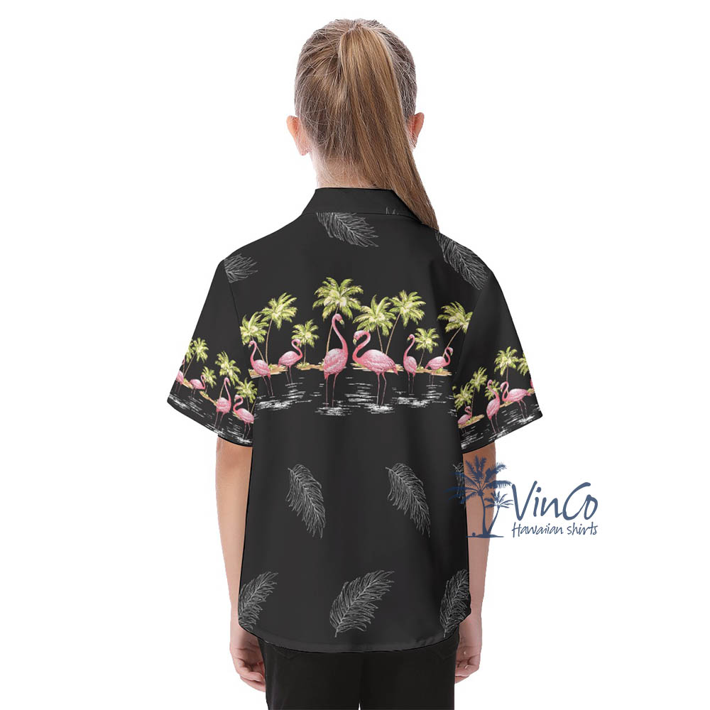 Black Flamingo Hawaiian Button Shirt For Kids