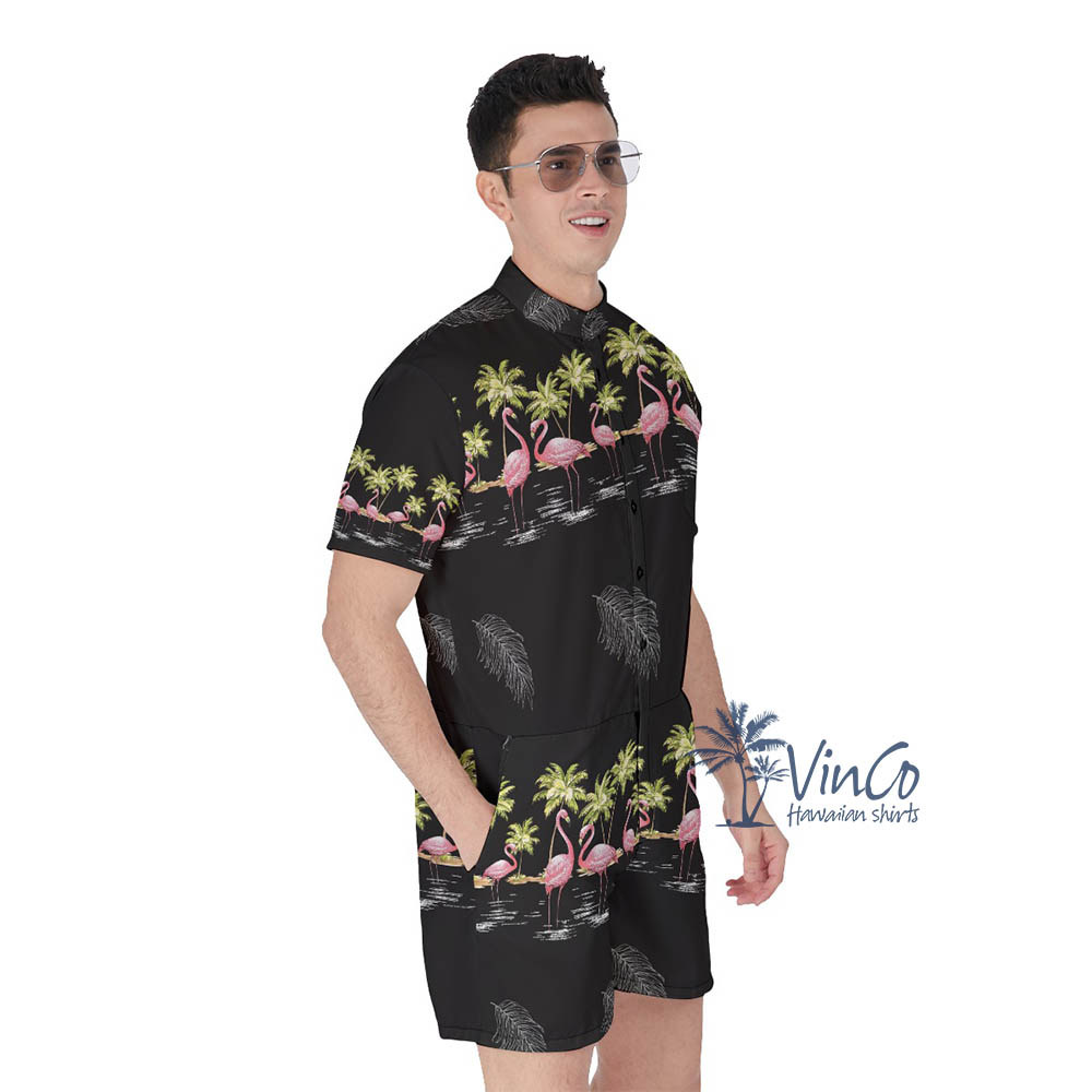 Cool Flamingo Black Hawaiian Romper For Men